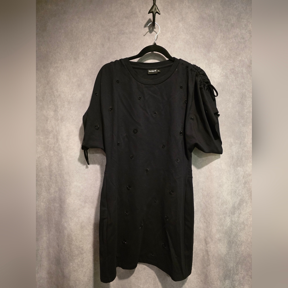Desigual Women’s Black Dress Cinch Sleeve Beaded Dress Sz XL